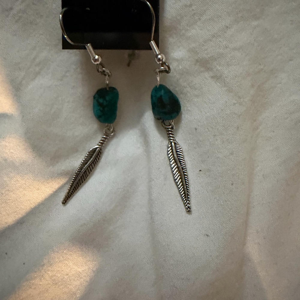 Turquoise and Silver Feather Drop Earrings